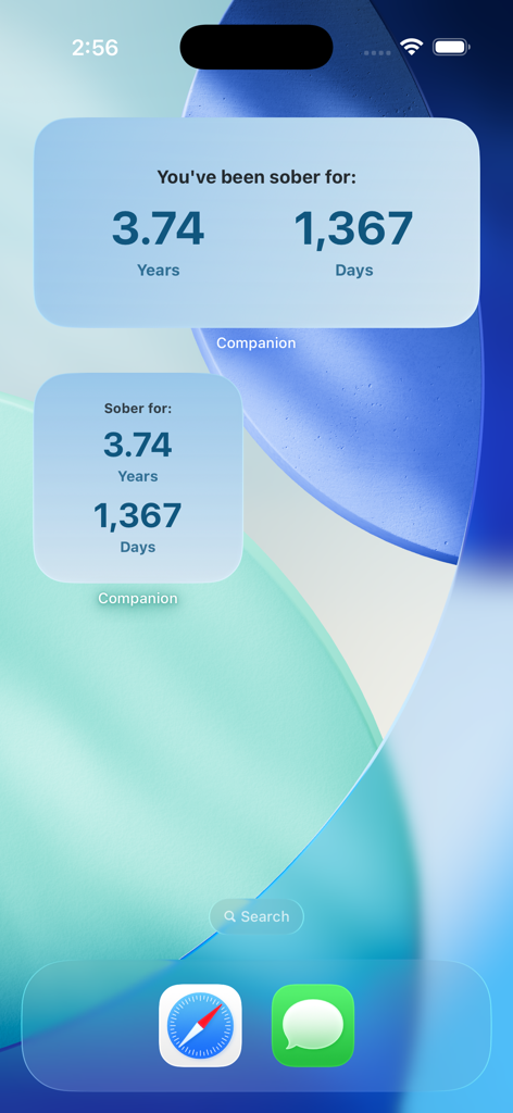 12 Steps Companion AA Big Book - Sobriety tracker widgets on an iPhone home screen showing years and days sober.