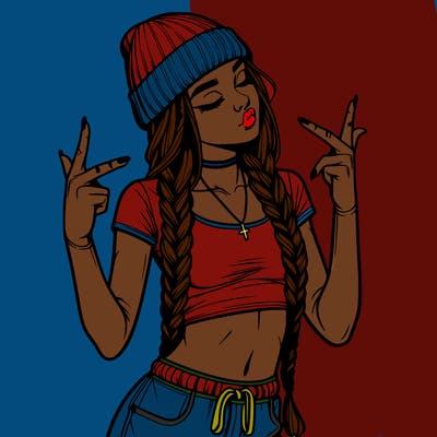 realistic teenage girl with braids and a beanie and crop top doing 🫶🏼