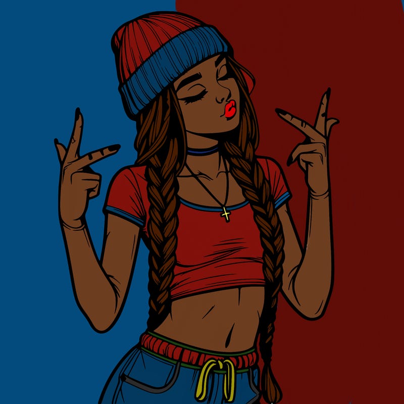 realistic teenage girl with braids and a beanie and crop top doing 🫶🏼