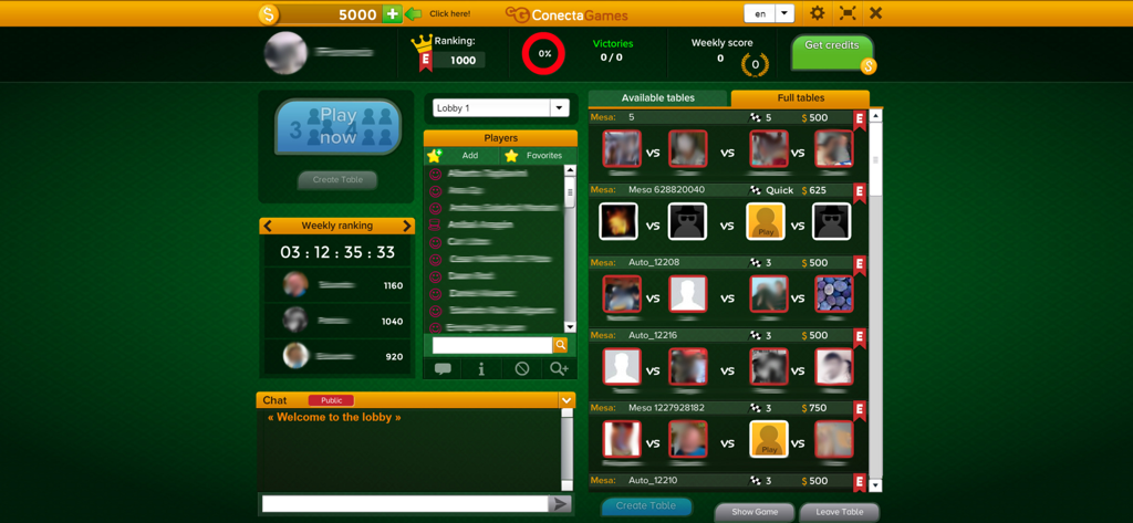 Interface of Tute Cabrero showing multiplayer game tables and player rankings