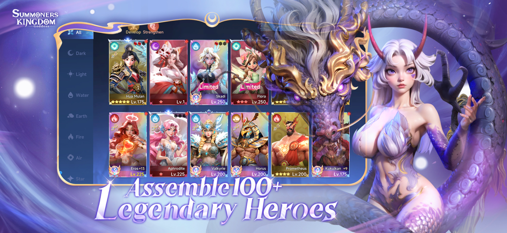 Summoners Kingdom:Goddess - Character collection screen in Summoners Kingdom Goddess featuring various legendary heroes and a purple dragon