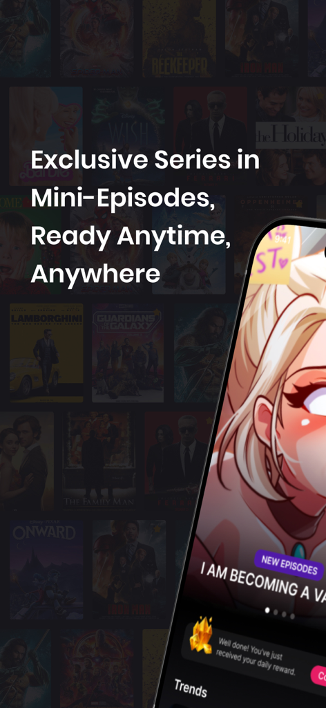 Zumi mobile app displaying exclusive anime mini episodes and a daily reward popup