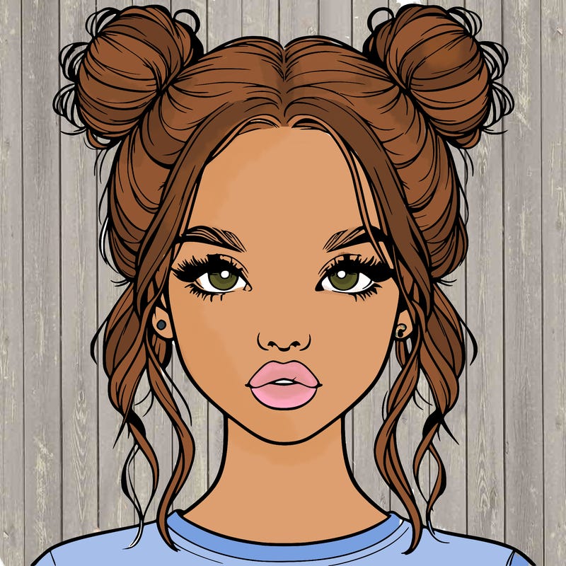 realistic girl with two buns in hair and lips