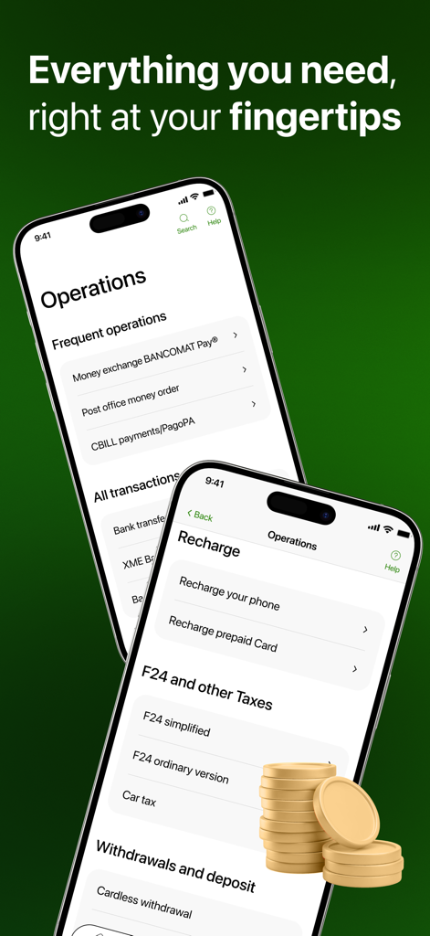 Intesa Sanpaolo Mobile - Capturas de pantalla de la aplicación Intesa Sanpaolo Mobile mostrando operaciones bancarias como cambio de divisas y pagos de impuestos