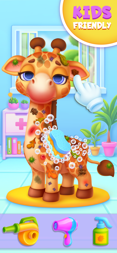 Animal Games Doctor for Kids - Una jirafa de dibujos animados siendo limpiada con una esponja y jabón en un juego de veterinario apto para niños.