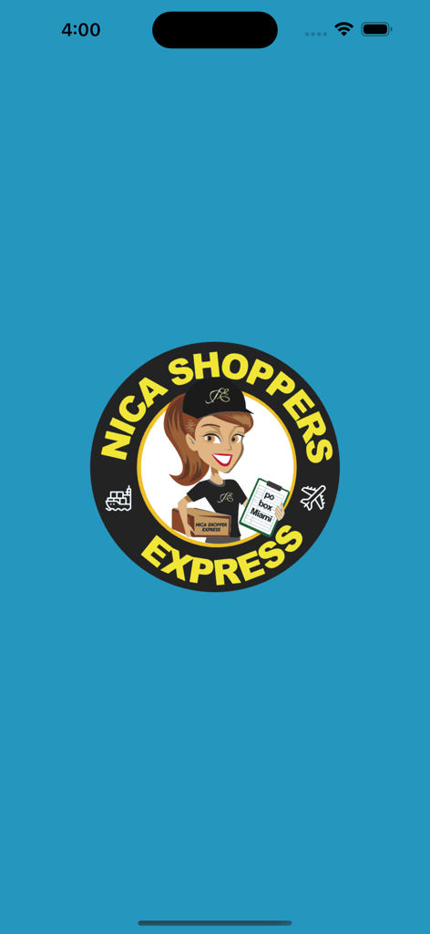 Nica Shopper Express splash screen showing the company logo with a delivery character
