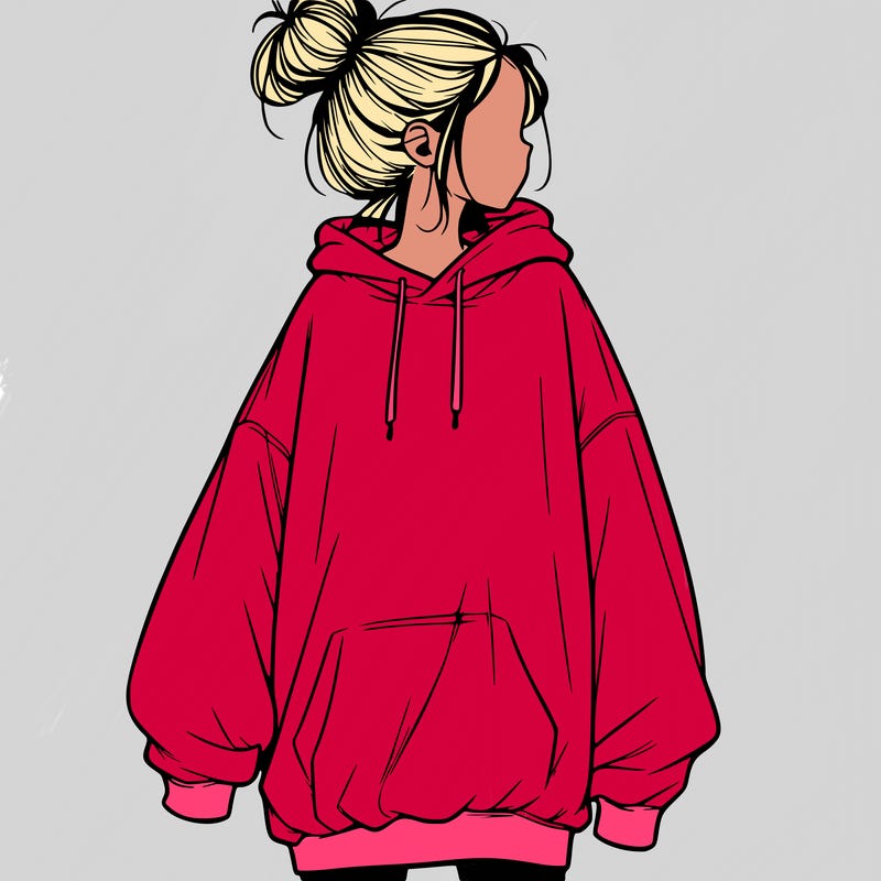 realistic girl with a oversized sweatshirt on and a bun