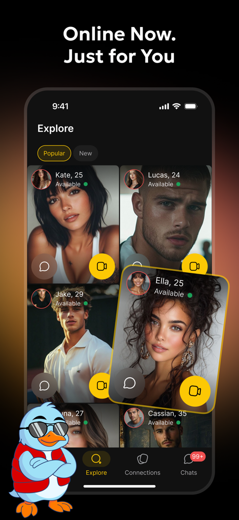 Tela de exploração do aplicativo Lola mostrando perfis de usuários online disponíveis para chat de vídeo.