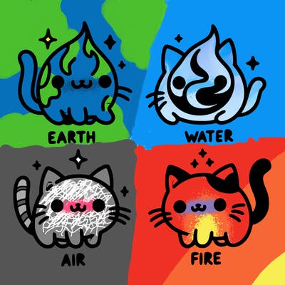 4 cats that represent the different elements, earth, water, air, and fire