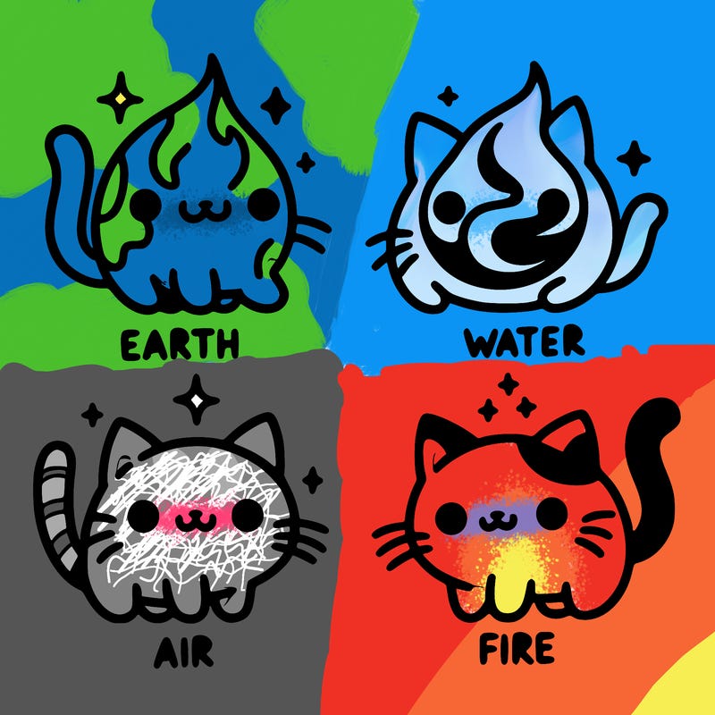 4 cats that represent the different elements, earth, water, air, and fire