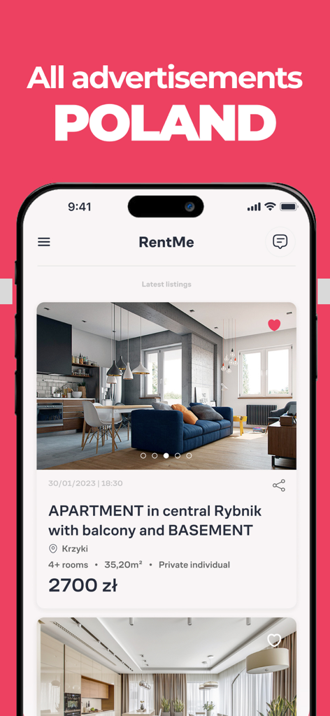 Interfaz de la aplicación móvil RentMe que muestra un anuncio de apartamento en alquiler en Polonia con precio y detalles