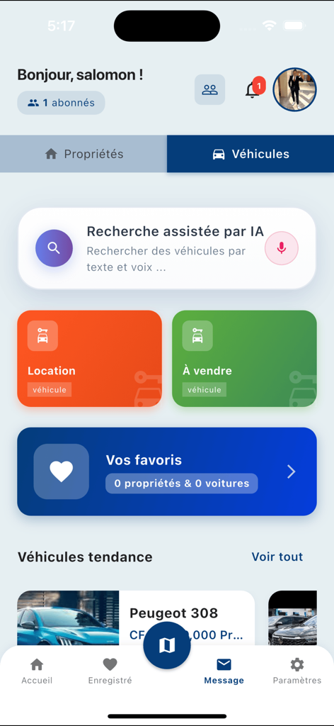 AppartMart - AppartMart app dashboard for vehicles featuring AI voice search and car listings