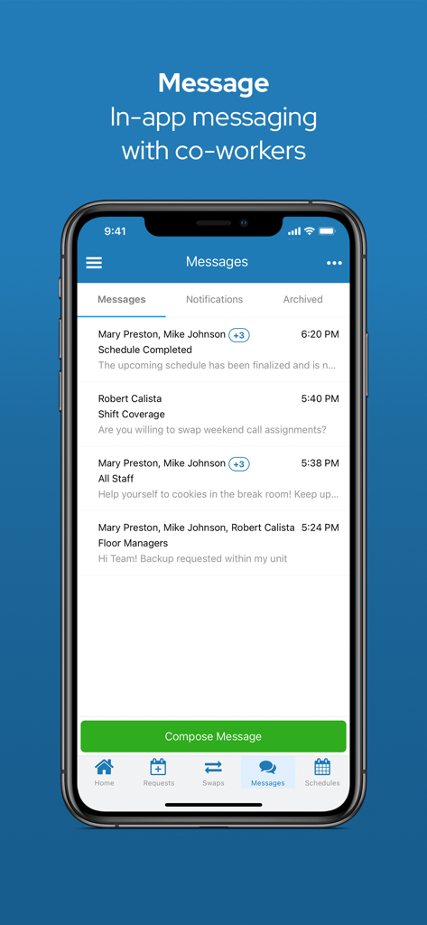 QGenda mobile app in-app messaging screen for medical professionals