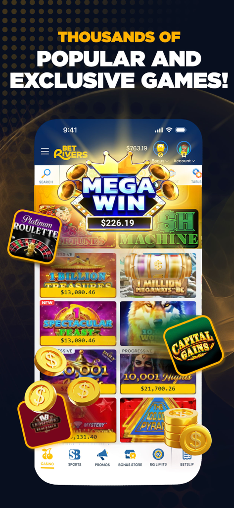 BetRivers app screen showing a variety of popular slot games and a Mega Win celebration banner with gold coins.