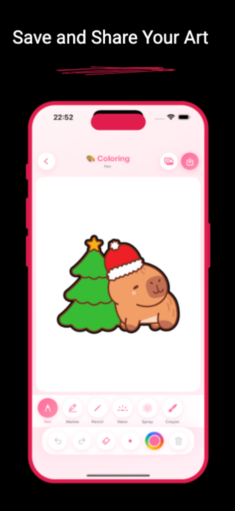 Capybara Coloring – Cute Art - Une interface de coloriage numérique présentant un capybara mignon avec un chapeau de Père Noël à côté d'un sapin de Noël