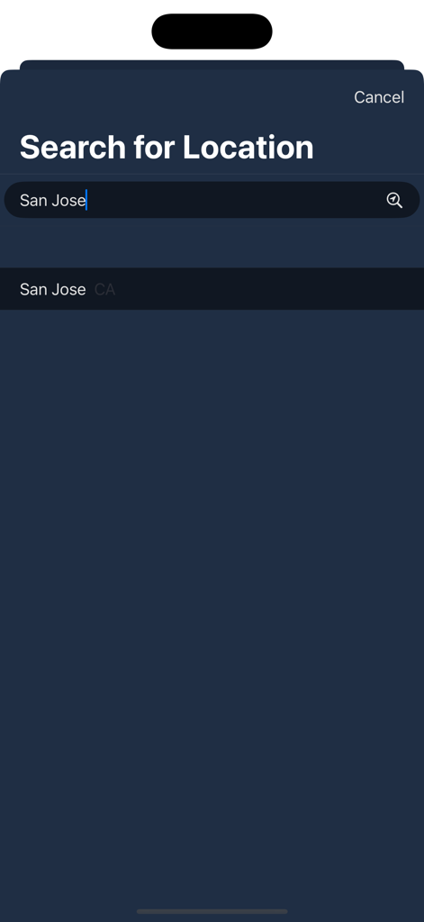 96C° - Search for location screen in the 96C weather app showing a search result for San Jose