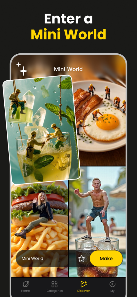 AI Movie Generator - KakaPic - Interfaz de la aplicación KakaPic que muestra la función de generación de IA Mini World con personas diminutas en comida y bebidas.