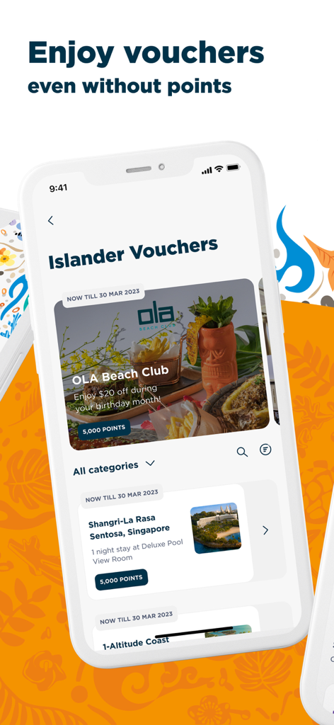 MySentosa - Una pantalla de aplicación móvil para MySentosa que muestra las recompensas de fidelidad de Islander y los vales de descuento.