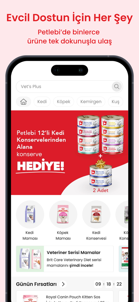 Petlebi - Interfaccia dell'app mobile per il negozio di animali Petlebi con categorie per gatti e cani e banner promozionali per cibo per animali