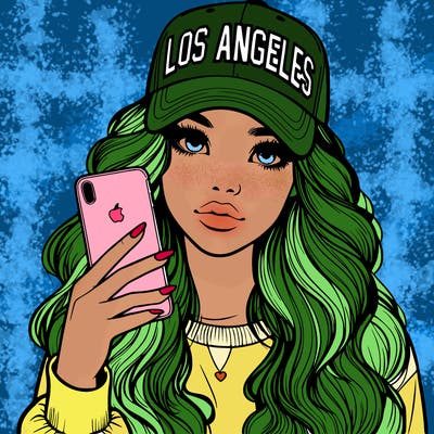 realistic beautiful girl wearing los ángeles cap holding an iphone