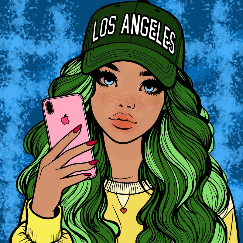 realistic beautiful girl wearing los ángeles cap holding an iphone
