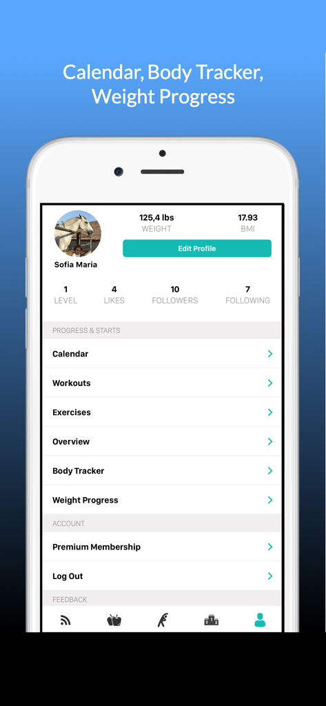 Plank - 30 Days of Challenge - 体重とBMIの追跡の詳細を含むユーザープロフィールを表示するモバイルアプリ画面