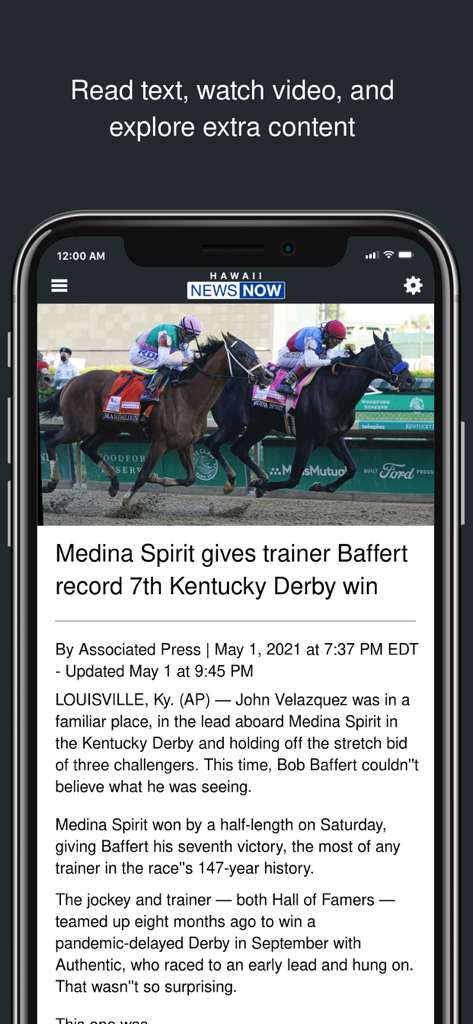 Hawaii News Now - The Hawaii News Now mobile app displaying a sports news article about the Kentucky Derby.