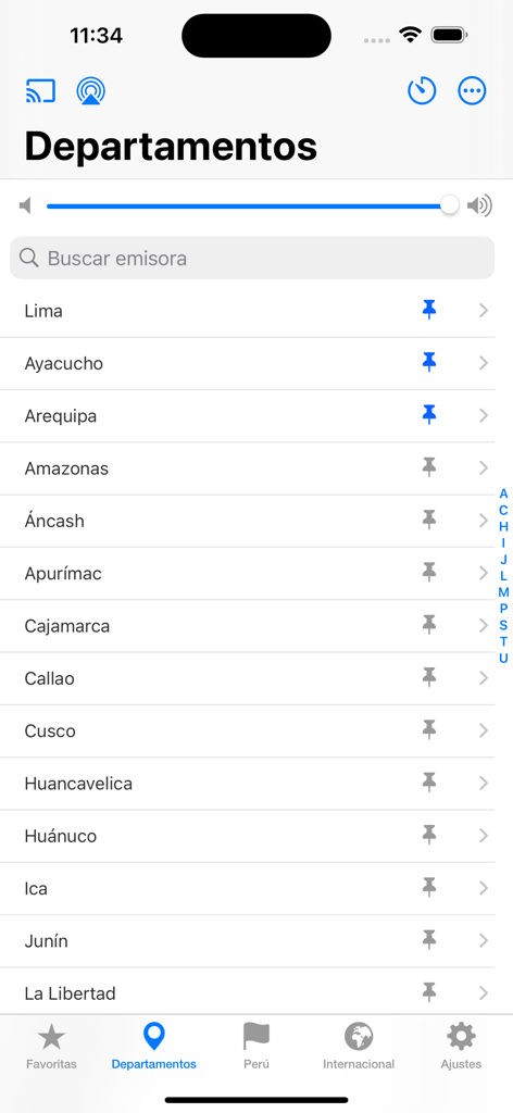 Radio Perú: Emisoras Peruanas - Interface of Radio Peru app showing a list of Peruvian departments like Lima and Cusco to find local radio stations