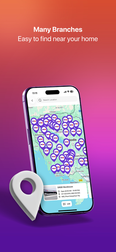 多くの支店の地図と倉庫情報カードが表示されたDRSB Expressアプリのスマートフォン。