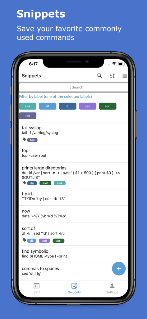 xTerminal - SSH Terminal Shell - xTerminal app snippets screen showing a list of saved SSH commands with labels and filters