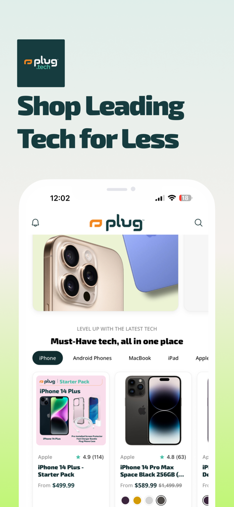 The Plug app interface showing refurbished iPhone 14 models at discounted prices