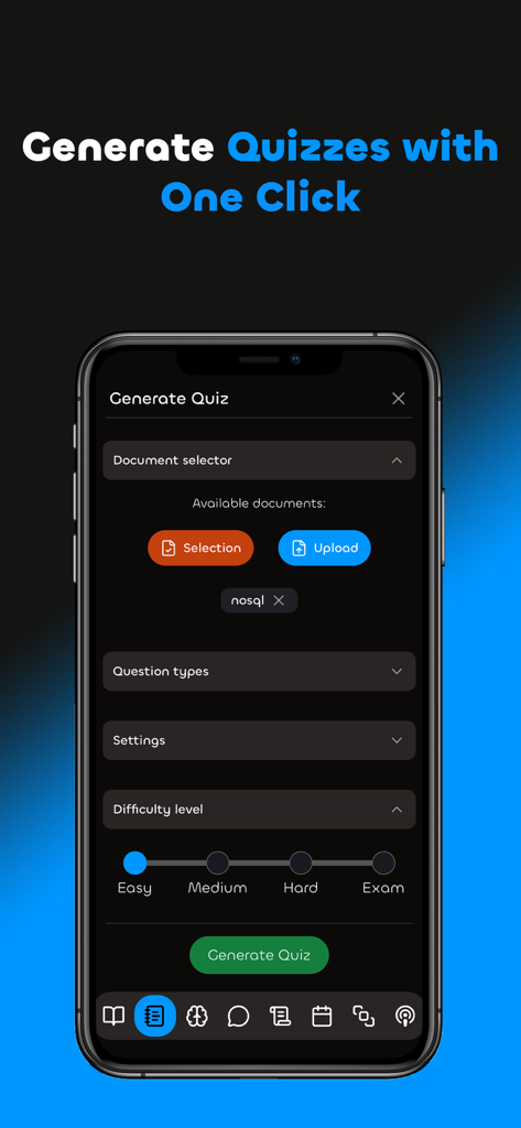 Skillion: Study Smarter - Interfaz de la aplicación móvil Skillion para generar cuestionarios de estudio con IA a partir de apuntes cargados con configuraciones de dificultad personalizadas.
