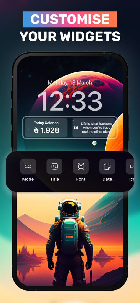 Themes - Icon Changer + Widget - Smartphone display showing the widget customization tool with a space background