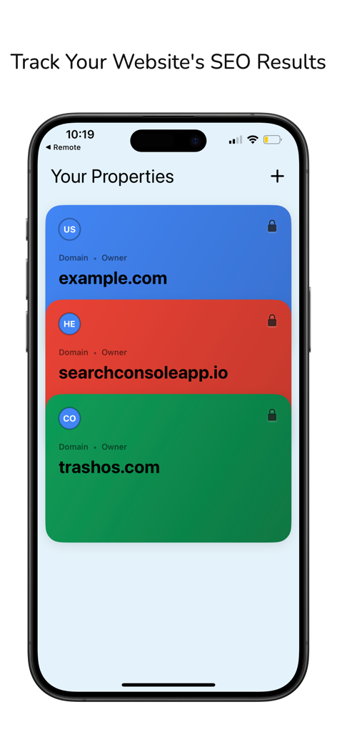Oberfläche der Search Console SEO Tracker App, die eine Liste verwalteter Website-Properties auf einem iPhone anzeigt.