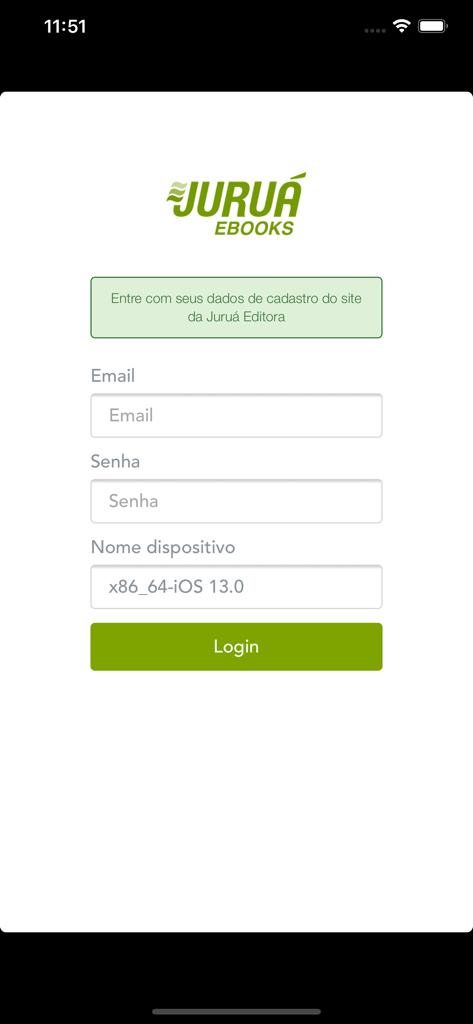 Juruá eBooks - Login screen of the Juruá eBooks app with email and password fields