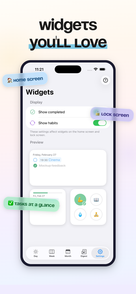 Calendar & Daily Planner - Eva - Eine Vorschau der Widget-Einstellungen der Eva Kalender- und Tagesplaner-App zur Anpassung von Aufgaben und zur Verfolgung von Gewohnheiten auf dem Home- und Sperrbildschirm.