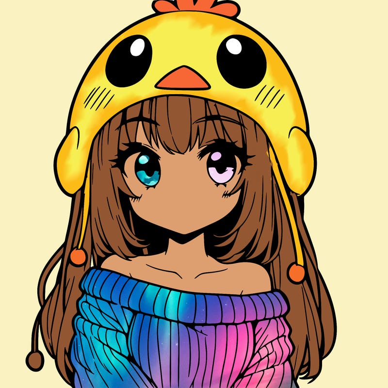 anime girl with chick shaped hat with sweater with bare shoulders with bangs covering them one eye with low tail