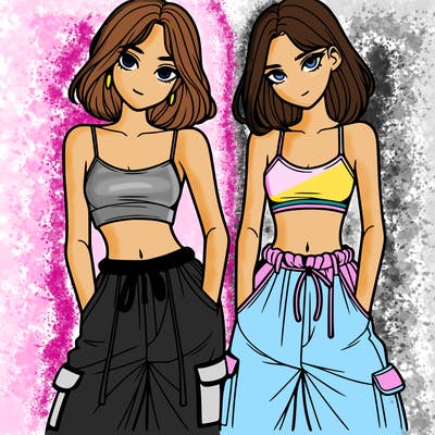 two girls with crop top with baggy pants