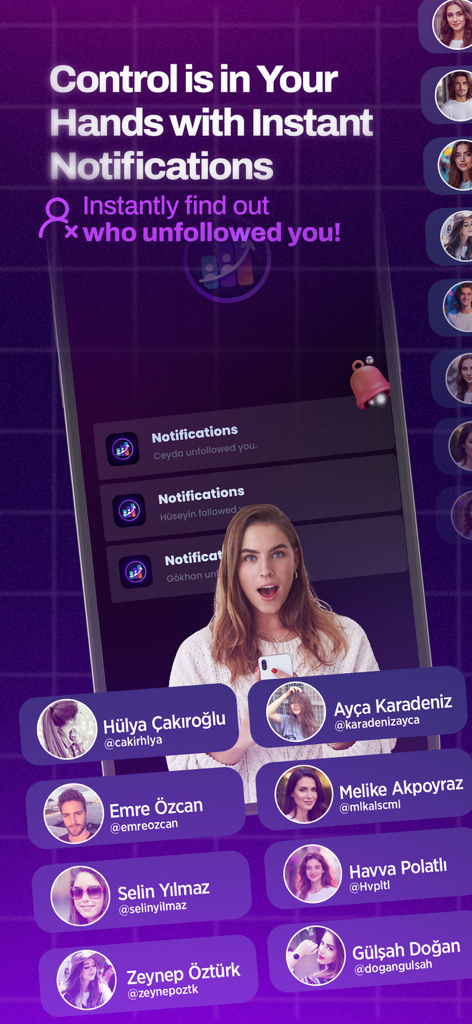 Ein mobiler App-Bildschirm für Postexa, der Echtzeit-Benachrichtigungen für Follower und Entfolger mit Profilkarten von Benutzern anzeigt.