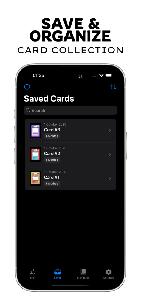 Card Centering Calculator App - A screen from the Card Centering Calculator app showing a list of saved trading cards organized in a collection
