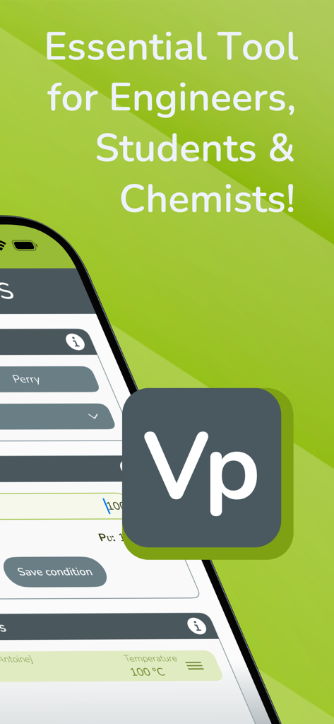 Introductory screen for the Vapour Pressures app highlighting its use for engineers students and chemists