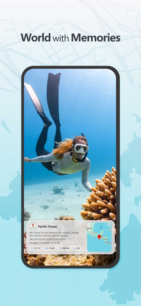 GPS Map Camera - Photo Stamp - A scuba diver photo with a GPS map camera stamp showing location and weather details