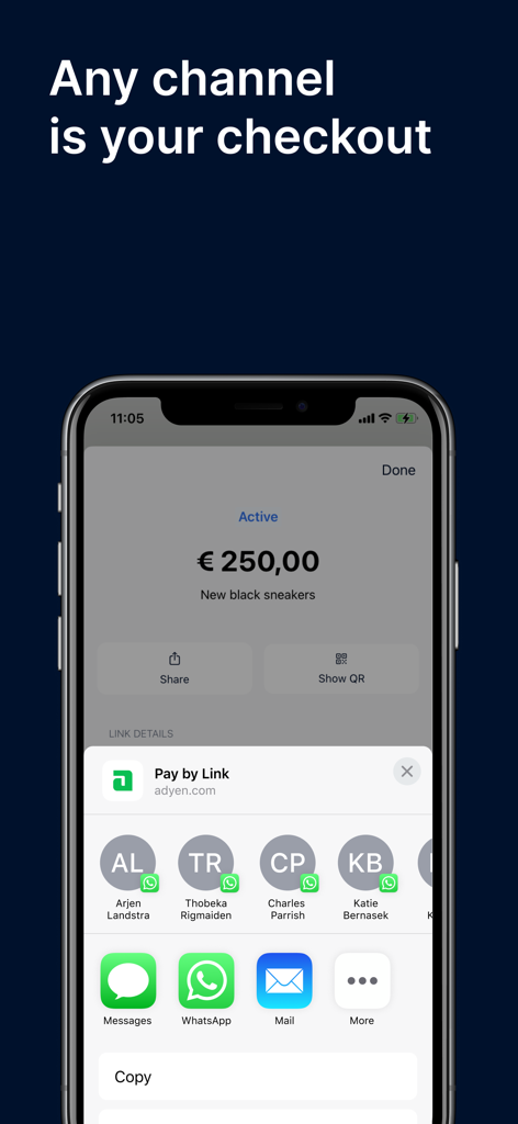 Adyen Pay by Link mobile app interface showing options to share a checkout link via messaging apps