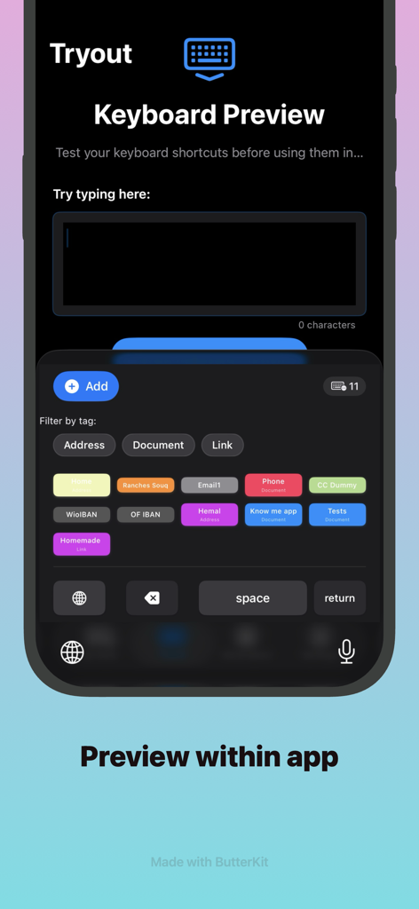 Captura de pantalla de la aplicación Keyboard Clipboard que muestra una vista previa del teclado con fragmentos de texto organizados y filtros de etiquetas para una fácil productividad móvil.