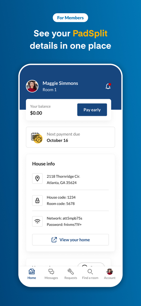 PadSplit-App-Mitglieder-Dashboard mit Zahlungsbilanz, nächstem Fälligkeitsdatum, Wohnadresse und WLAN-Details.