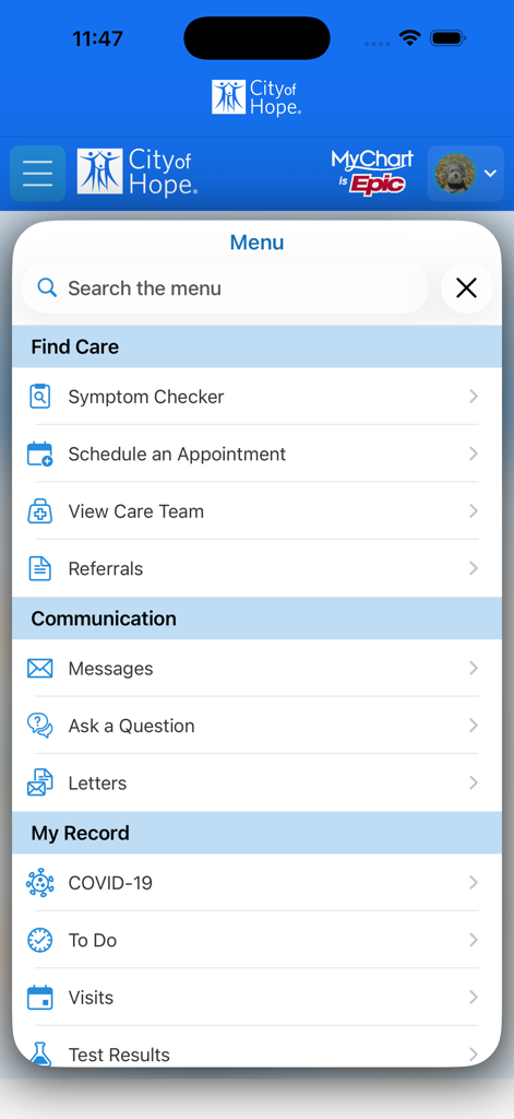 City of Hope mobile app menu showing medical care and patient record options