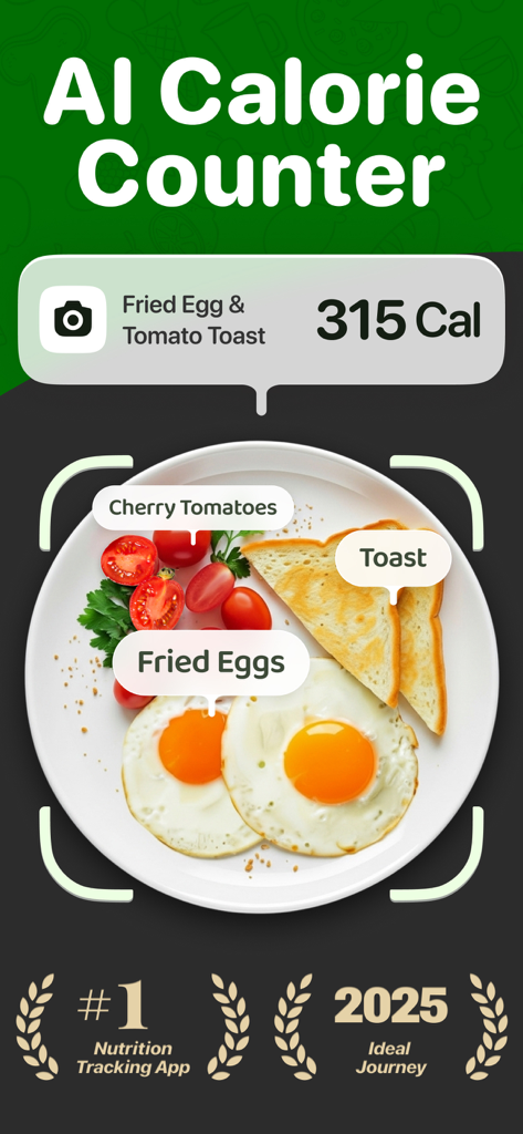 AI food recognition interface on Calo app counting calories for a fried egg and tomato toast meal