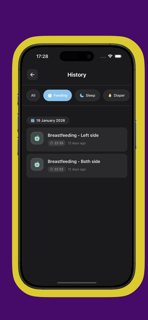 Baby Tracker – Feed & Sleep - Smartphone screen displaying breastfeeding logs in the feeding history section of the Baby Tracker app