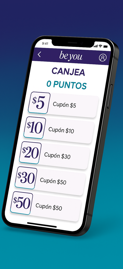 Be you Steven’s - Interfaz de la aplicación de fidelización Be you Steven's que muestra el canje de puntos por cupones de efectivo