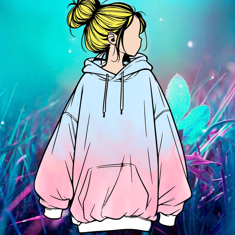 realistic girl with a oversized sweatshirt on and a bun